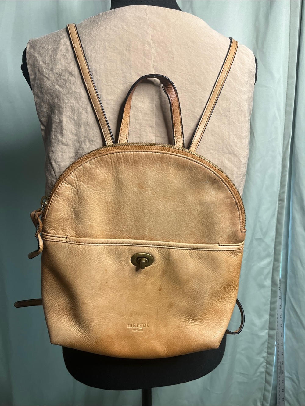 margot Tan Leather Rounded Backpack with Front Turn-Lock